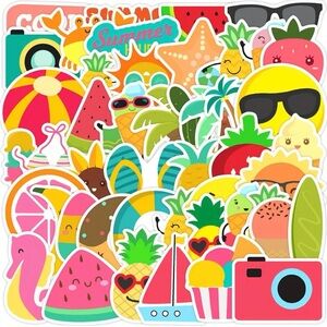 Colorful Summer Sticker Set of 50 Sail Boat Pineapple Camera Sun Shells Shades